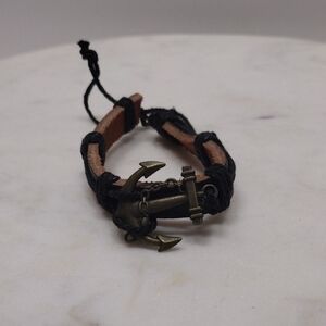 Bronze Large Anchor Black Leather Adjustable Bracelet BA-23